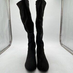 FSJ Black Knee High Collar Stacked Chunky Closed Toe Faux Suede Wide Calf Shoes